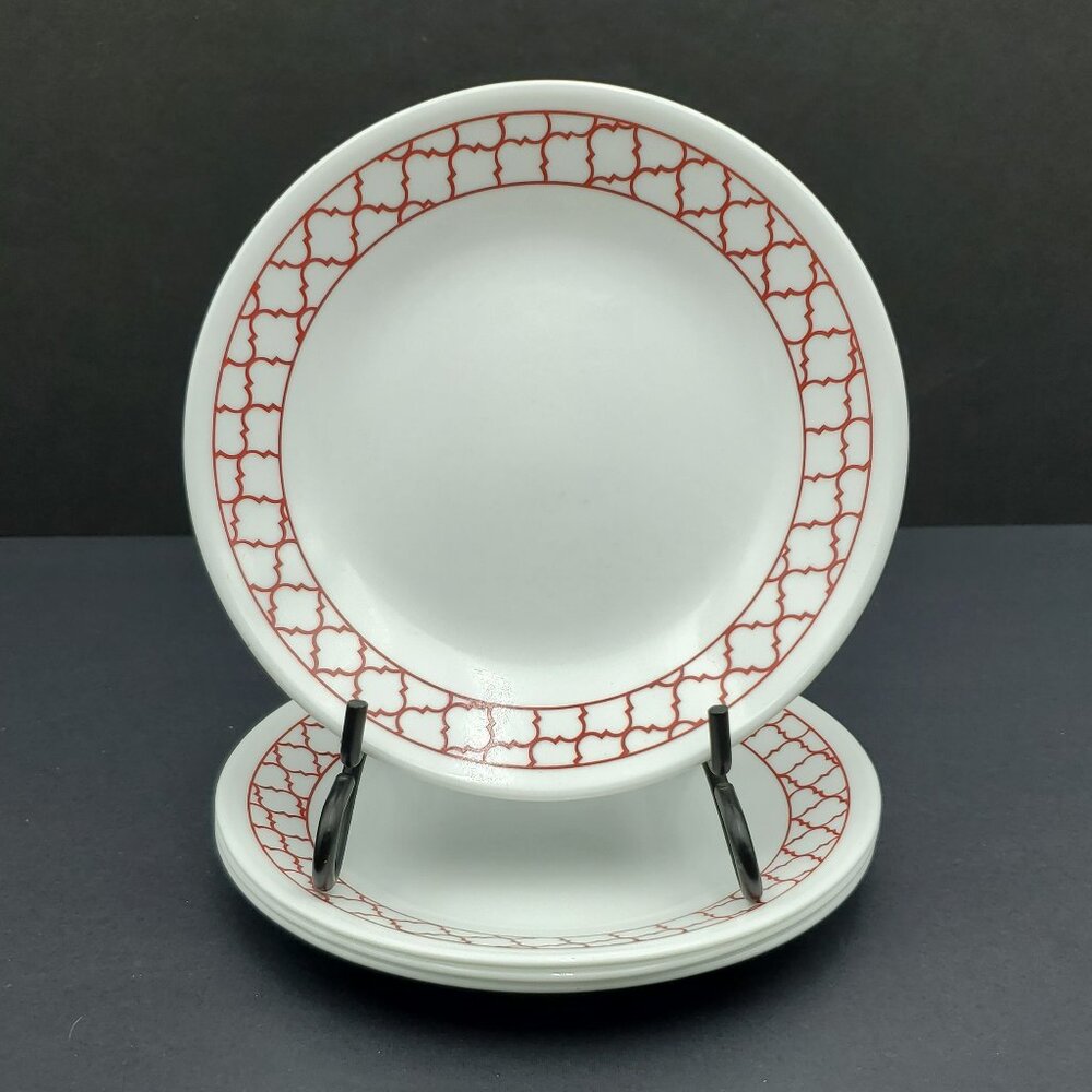 Corelle Crimson Trellis Appetizer Dessert Plates Red Geometric Pattern